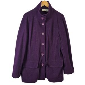 LL Bean Womens XL Reg Purple Wool Button Front Mock Neck Jacket Coat